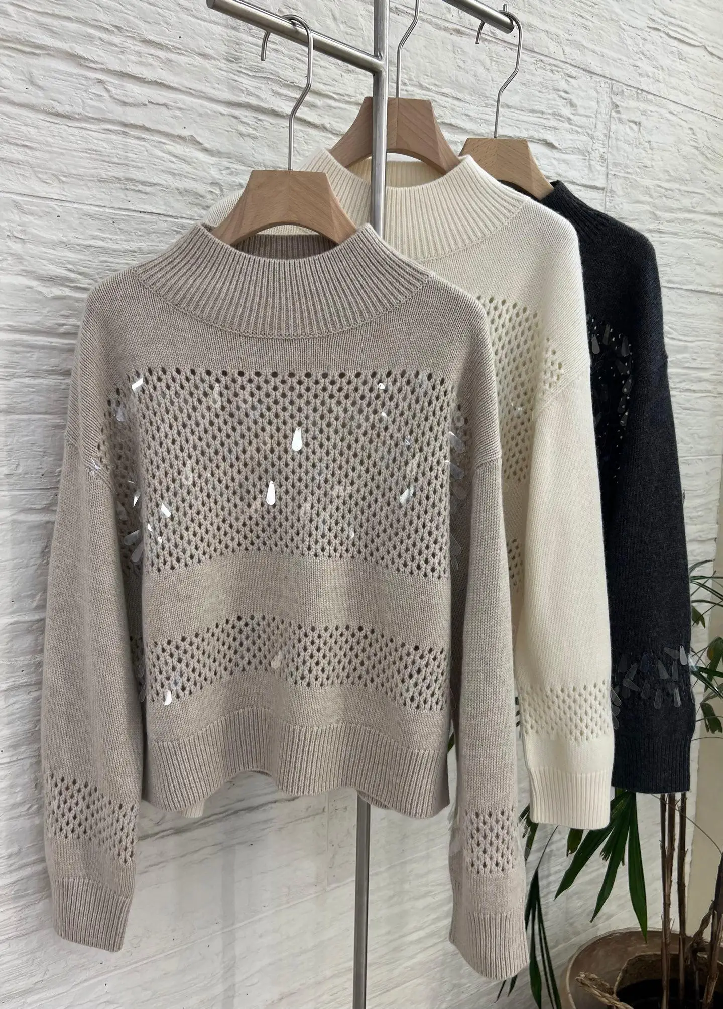 Luxurious crystal drop sequins exquisite decorated pure cashmere versatile casual sweater
