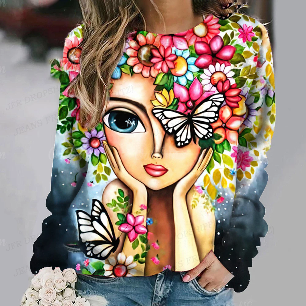 Abstract Face Hoodie Women Fashon Hoodies Floral Butterfly Painting Sweats Women Hoodies Sweatshirt Y2k Sexy Clothes Pullovers