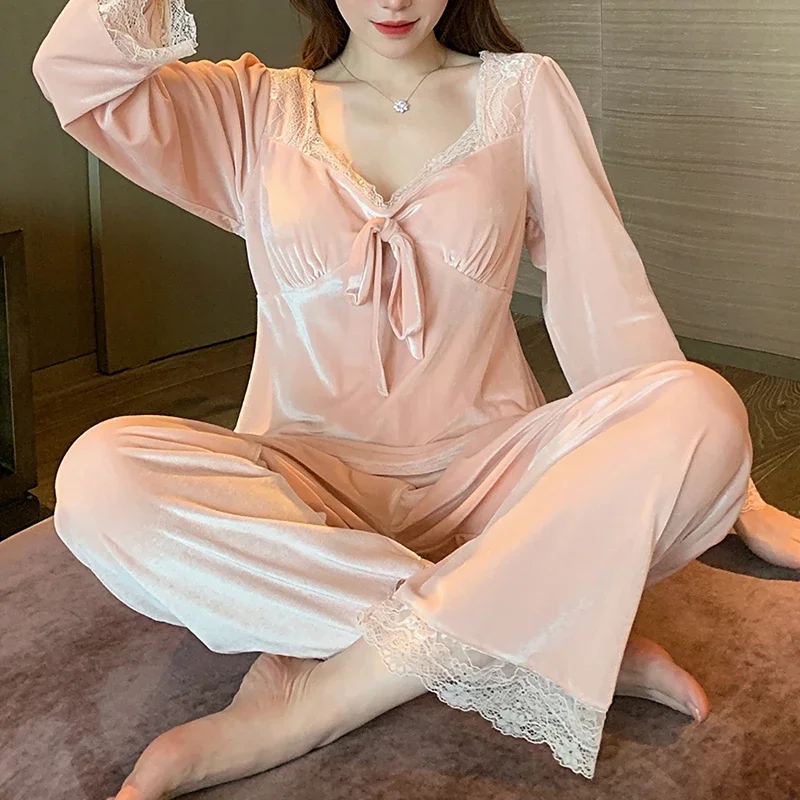 Pijama Sexy Mujer Frauen Herbst Winter Gepolsterte Bogen Spitze Langarm V-ausschnitt Tops Hosen Solide Süße Nachtwäsche Lounge Tragen Casual