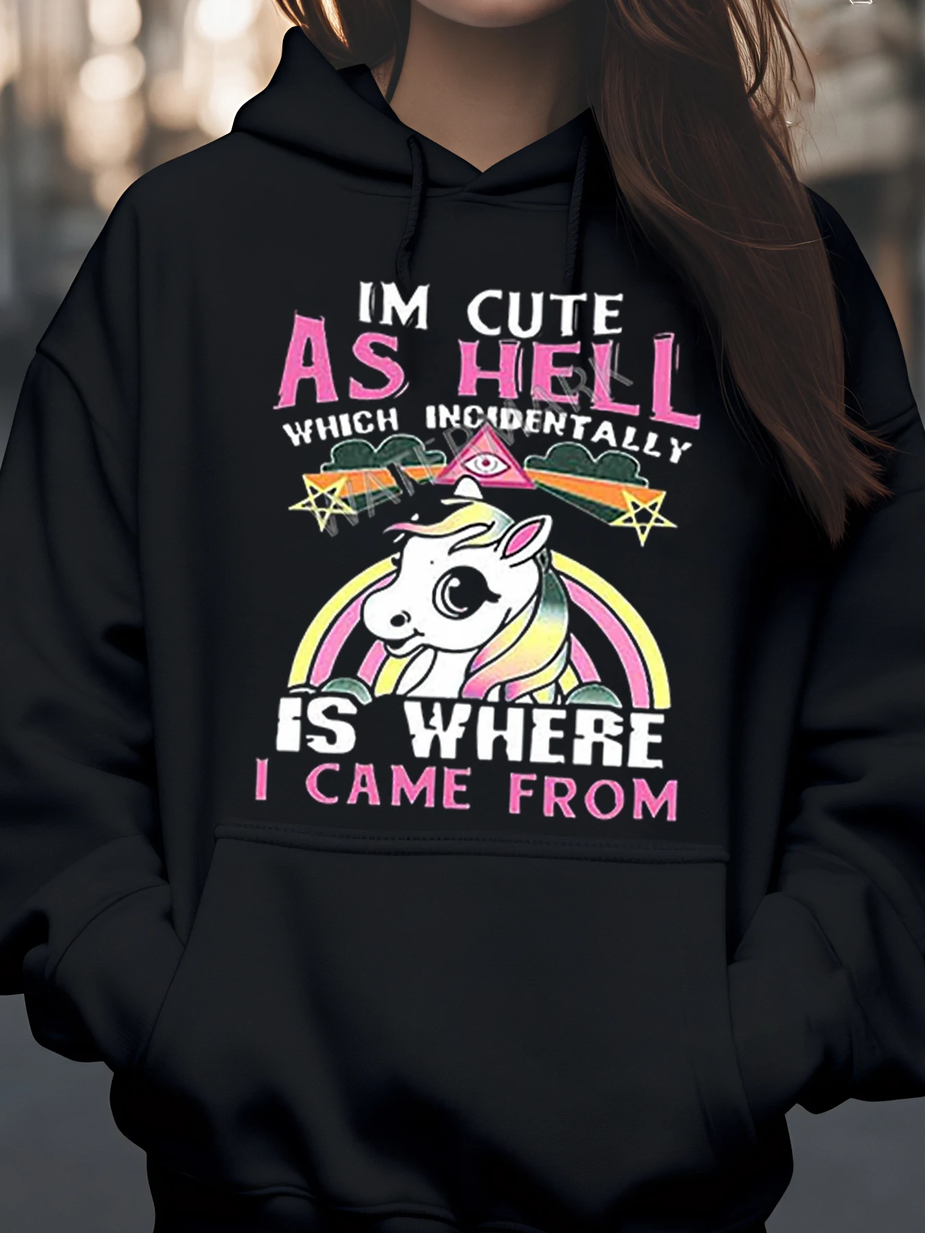 Urocza bluza z kapturem z nadrukiem jednorożca w piekle, halloweenowa odzież codzienna, moda damska