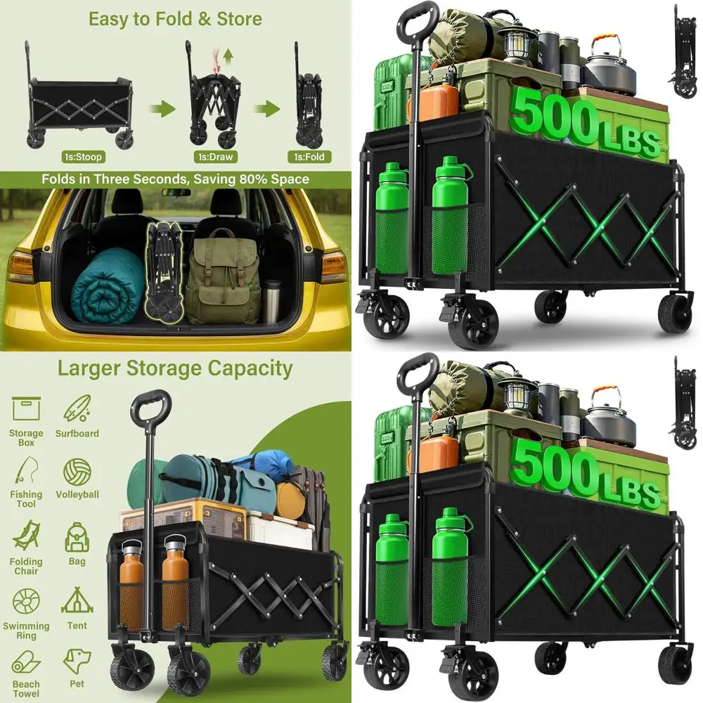 

Folding Utility Wagon with 500lbs Capacity, Collapsible for Outdoor, Shopping, and Storage