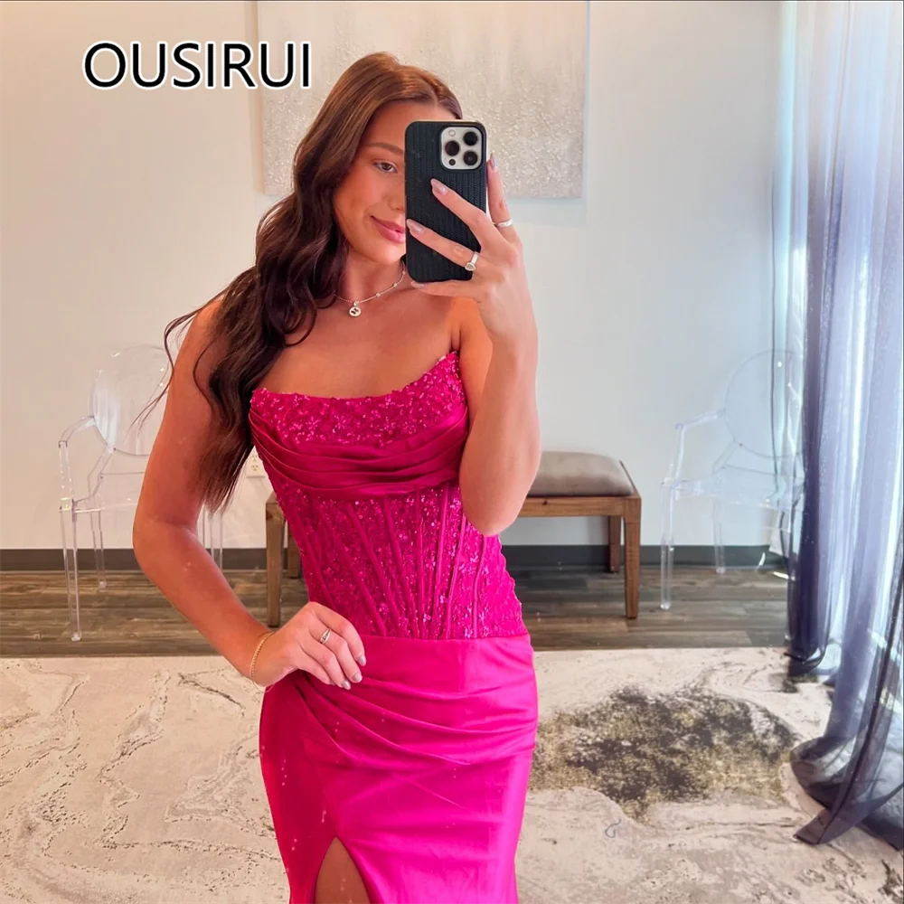 Op maat gemaakte strapless satijnen geplooide avondjurk met kralen sprankelende backless rechter sexy zeemeermin zijsplit prom bruidsjurk