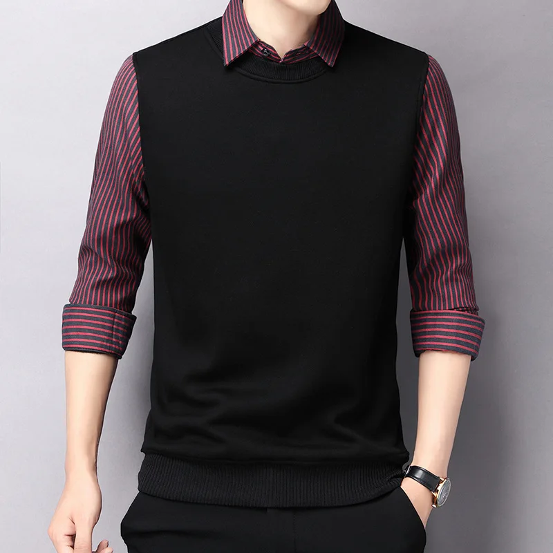 Autumn and Winter New Men's Fake Two Piece Sweater with Fleece and Slim Fit Polo Collar Knitted Bottom Shirt Thickened and Warm