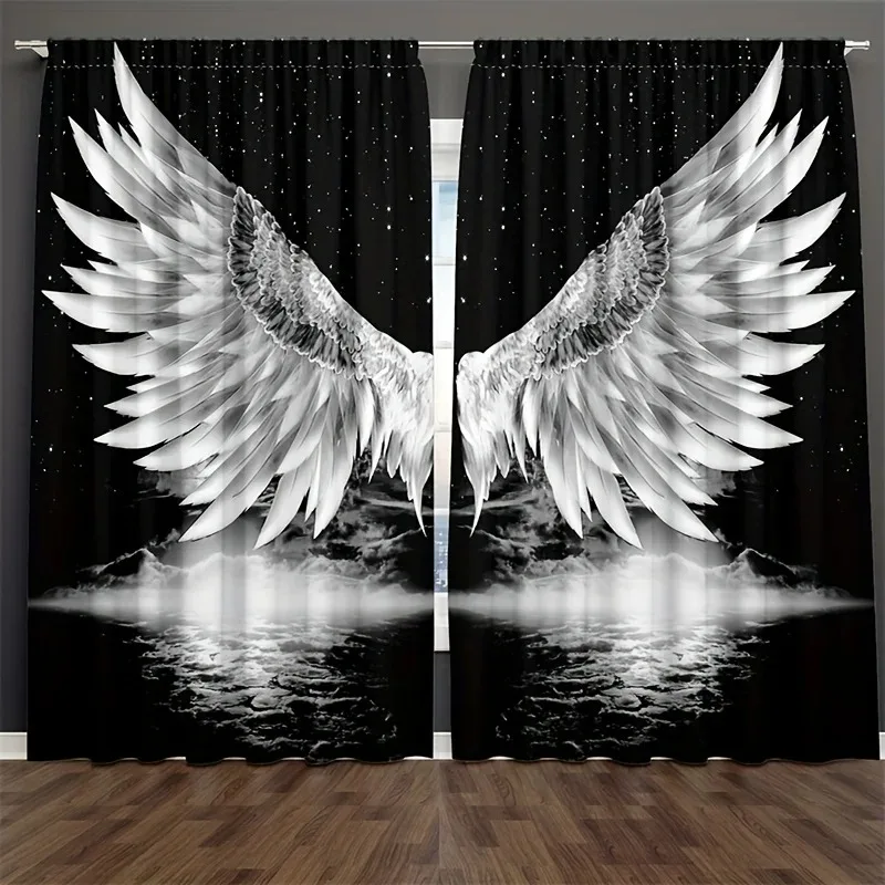 2pcs Angel Wings Printed Curtain for Home Decor Rod Pocket Window Treatment for Bedroom Office Kitchen Living Room Study