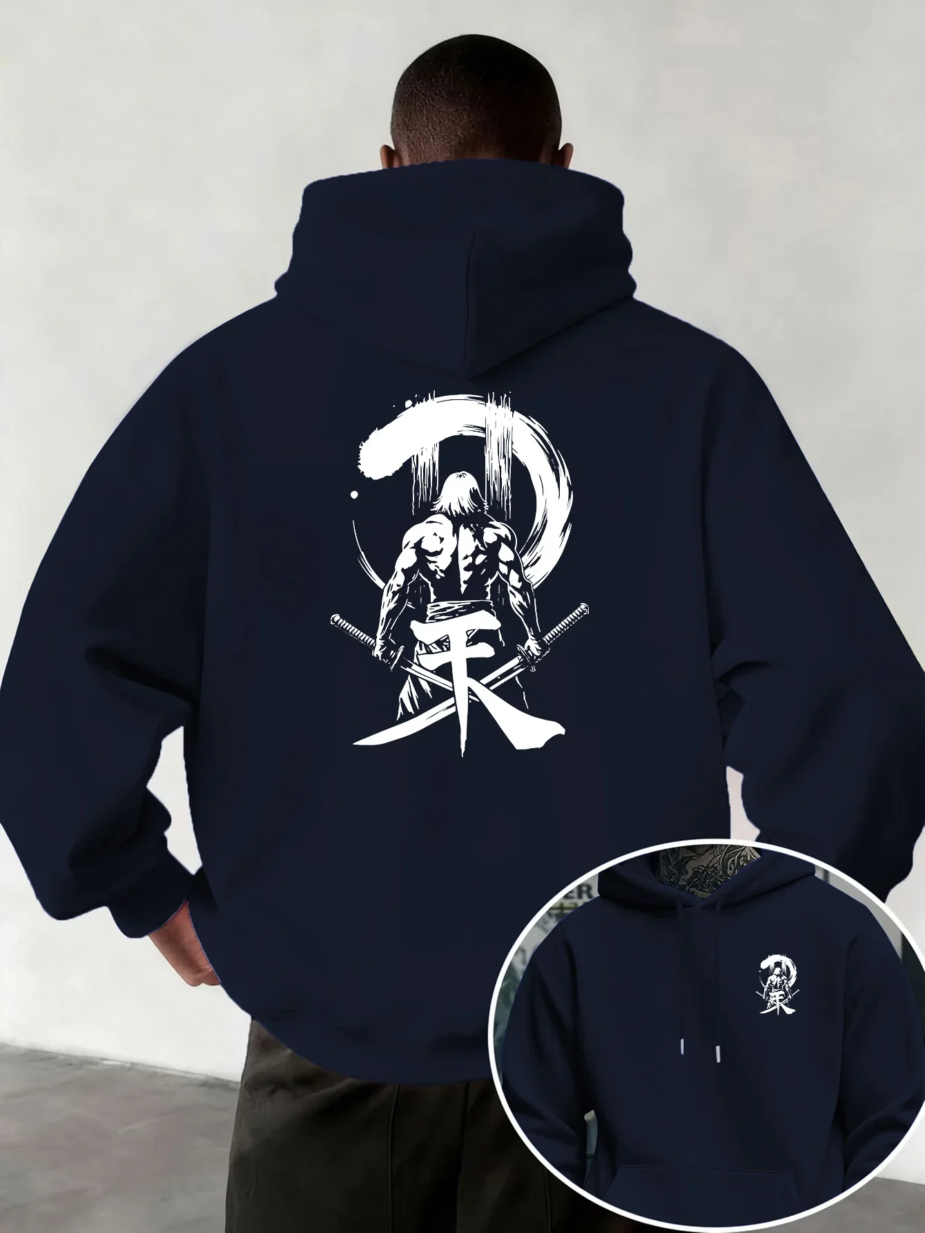 Harajuku Ink Wash Samurai Hoodie Unisex Japanese Kanji Enso Circle Double Sided Print Oversized Hooded Sweatshirt