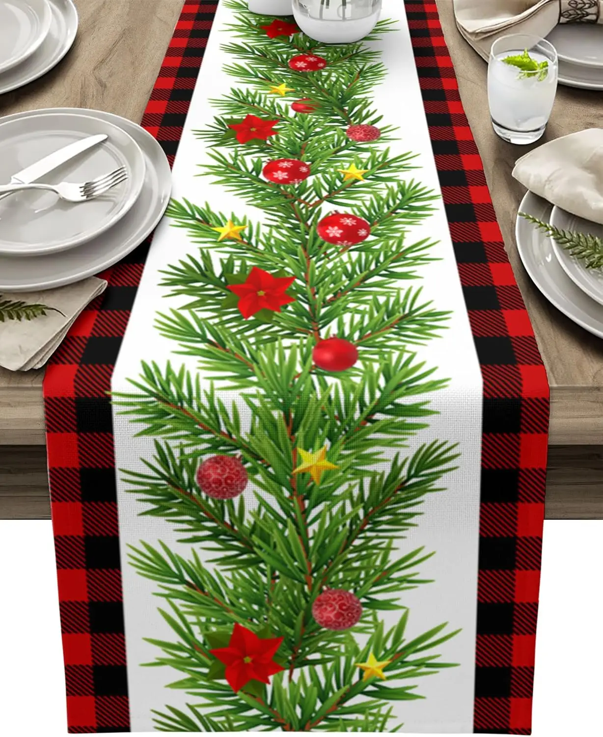 Christmas Pine Needles Red Berry Plaid Linen Table Runner Party Decor Winter Kitchen Dining Table Runners Christmas Decorations