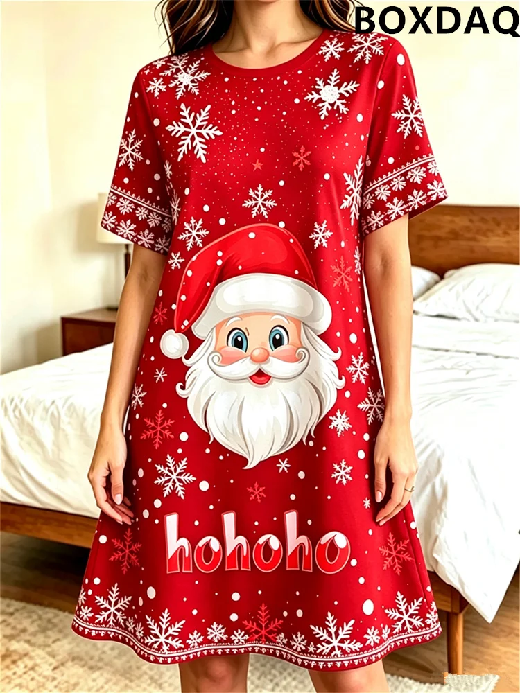Summer Women's Christmas Dress New Year Round Neck Short Sleeved Cartoon Santa Claus Pattern Printed Casual Loose A-Line Dresses