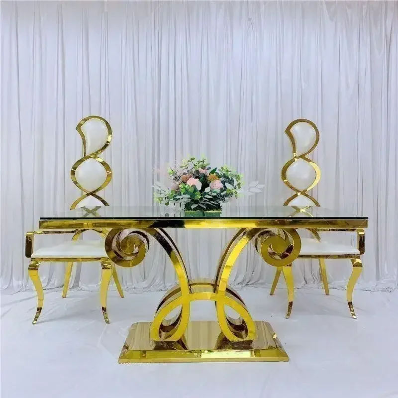 Luxury Rectangular Glass Top Gold Stainless Steel Wedding Party Table