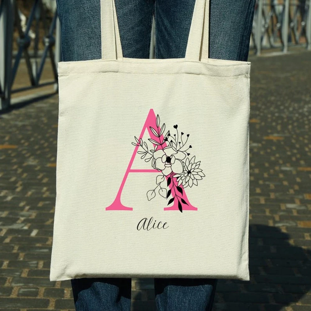 

Personalized Tote Bag With Name Eco Friendly Storage Shopping Bag Letter Text Printed Large Capacity Shoulder Bag Birthday Gift