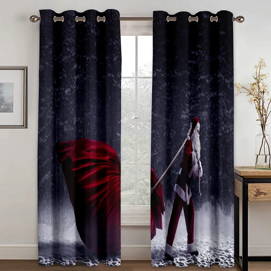 Red Merry Christmas Santa Claus Pulls Gifts in the Snow 2 Pieces Free Shipping Thin Window Curtain for Living Room Bedroom Decor