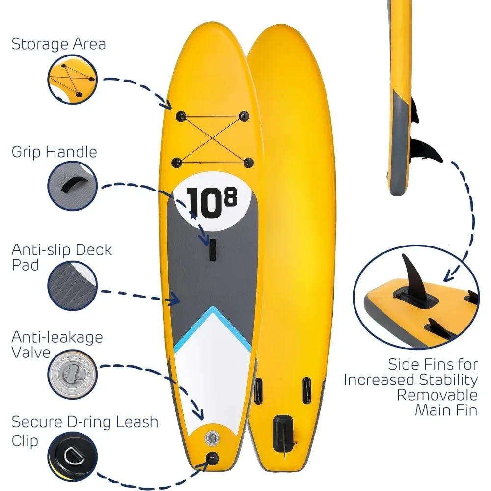 Surfboard 10.8Ft, Stand Up Surfing Board with 3 Detachable Fins, Kids & Adults Non-Slip Lightweight Foam Longboard for Beginner