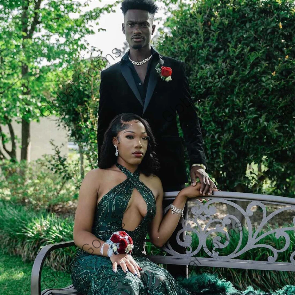 Green Halter Long Prom Dresses Black Girls 2026 Feathers Sequin Evening  Dress Mermaid Wedding Party Gowns Robe De Bal Customized - AliExpress 320