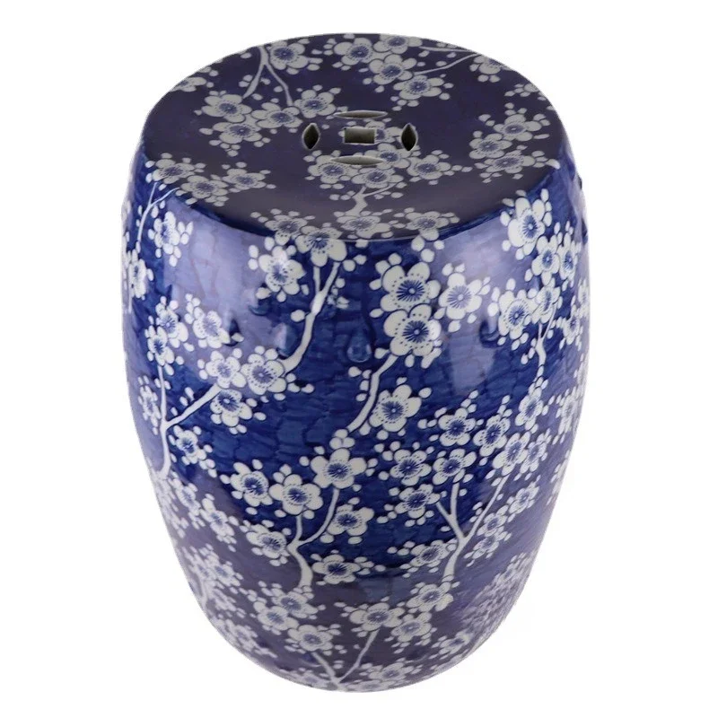Ceramics, antique blue and white, hand-painted ice plum blossom butterfly pattern porcelain stool, Chinese ceramic decoration
