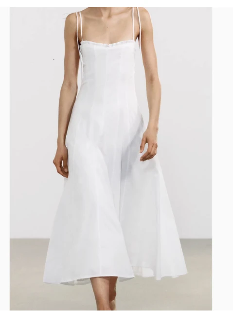 Vestido Midi F E de Verão, Nova Coleção, com Camadas Decorativas de Seda e Cetim, sem Alças, Cintura Alta, Teci...