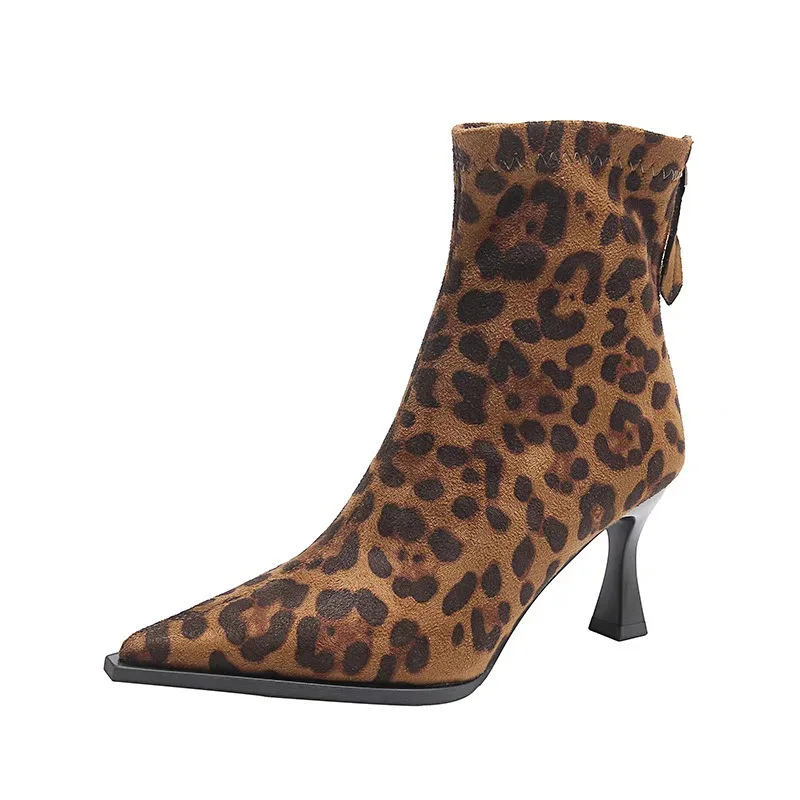 Kobiety Leopard Print Boots Retro Pointed Chelsea Slim Boots Elegant Dress High Heels Shoes Sexy Female Boot Zapatos Para Mujeres