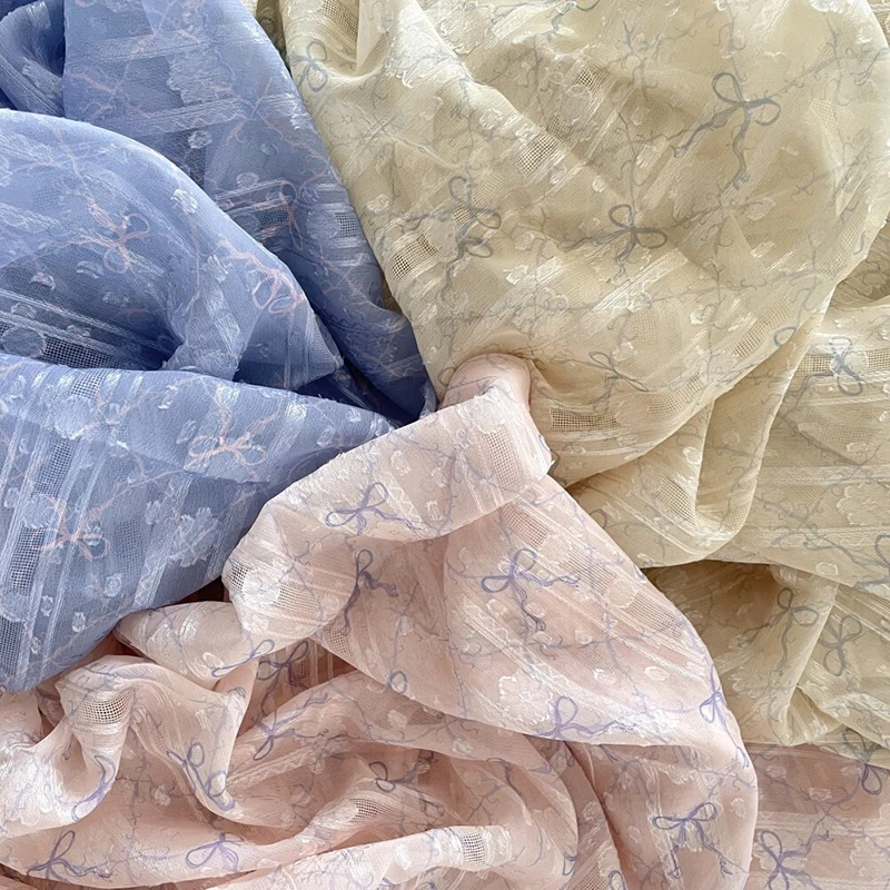 

100*150cm Ins Style Lace Jacquard Bow Chiffon Fabric DIY Qipao Hanfu Dress Tablecloth Sofa Home Textile DIY Sewing Cloth