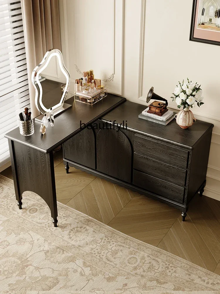 K185 French Retro Tailstock Chest of Drawers Dresser Integrated Bedroom Computer Desk Black Solid Wood Dresser