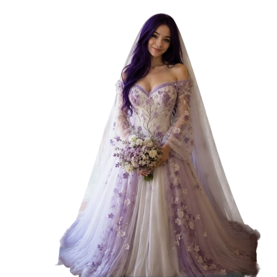 3D Floral Appliques Wedding Dress Lavender White Ombre Off Shoulder Long Sleeve Tulle A-Line Fairy Bridal Gown Customized