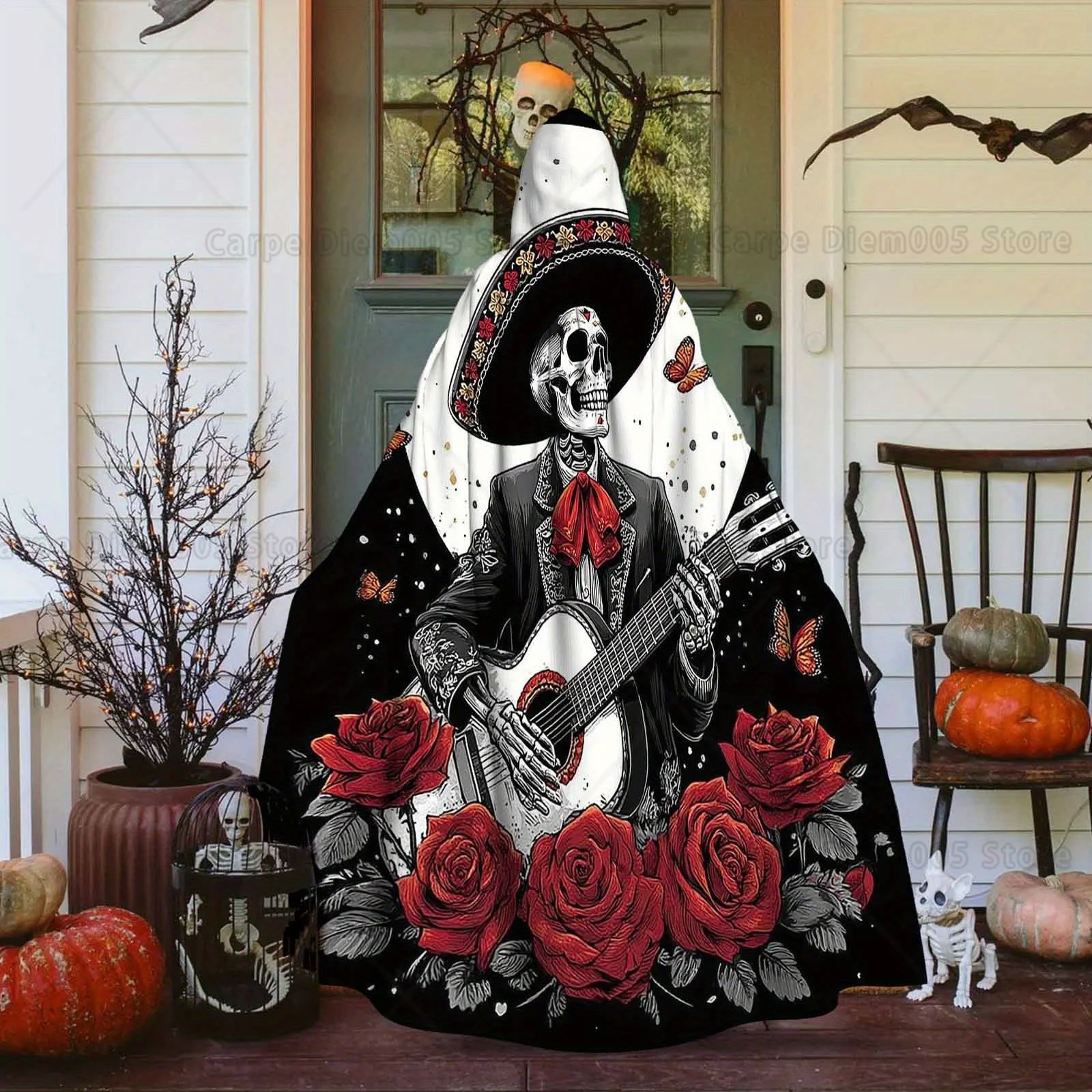 

1pc Pattern Printed Hooded Robe Adult Cloak - Mariachi Skeleton, Red Roses, Moon And Butterflies| Adult Cloak Hooded Cloak