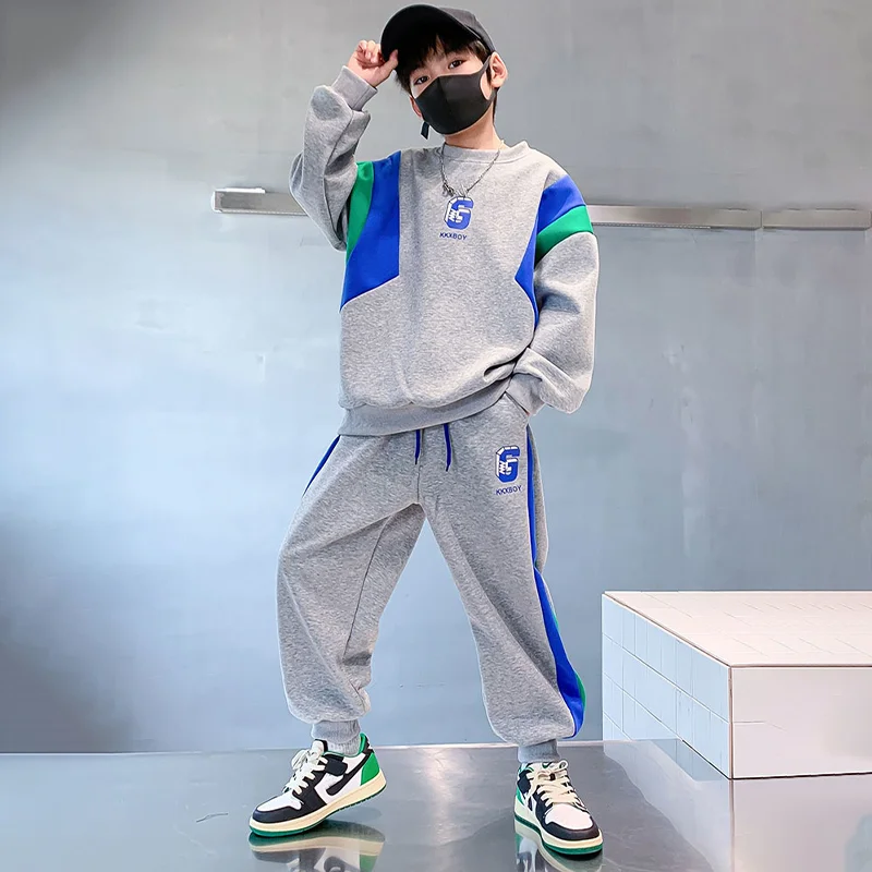 Boys Color Blocking Suit Letter Towel Embroidery Sweatshirt & Pants 2-Piece Spring Autumn 4-14 Years Kids Loose Sports Outfit