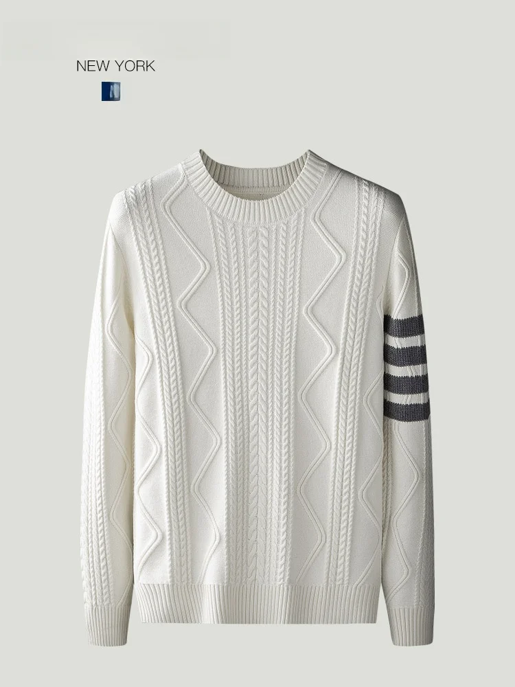 

Теплый шерстяной вязаный свитер для мужчин с круглым вырезом, в полоску, весна-осень, термо, мужская вязаная одежда с длинным рукавом, традиционный стиль