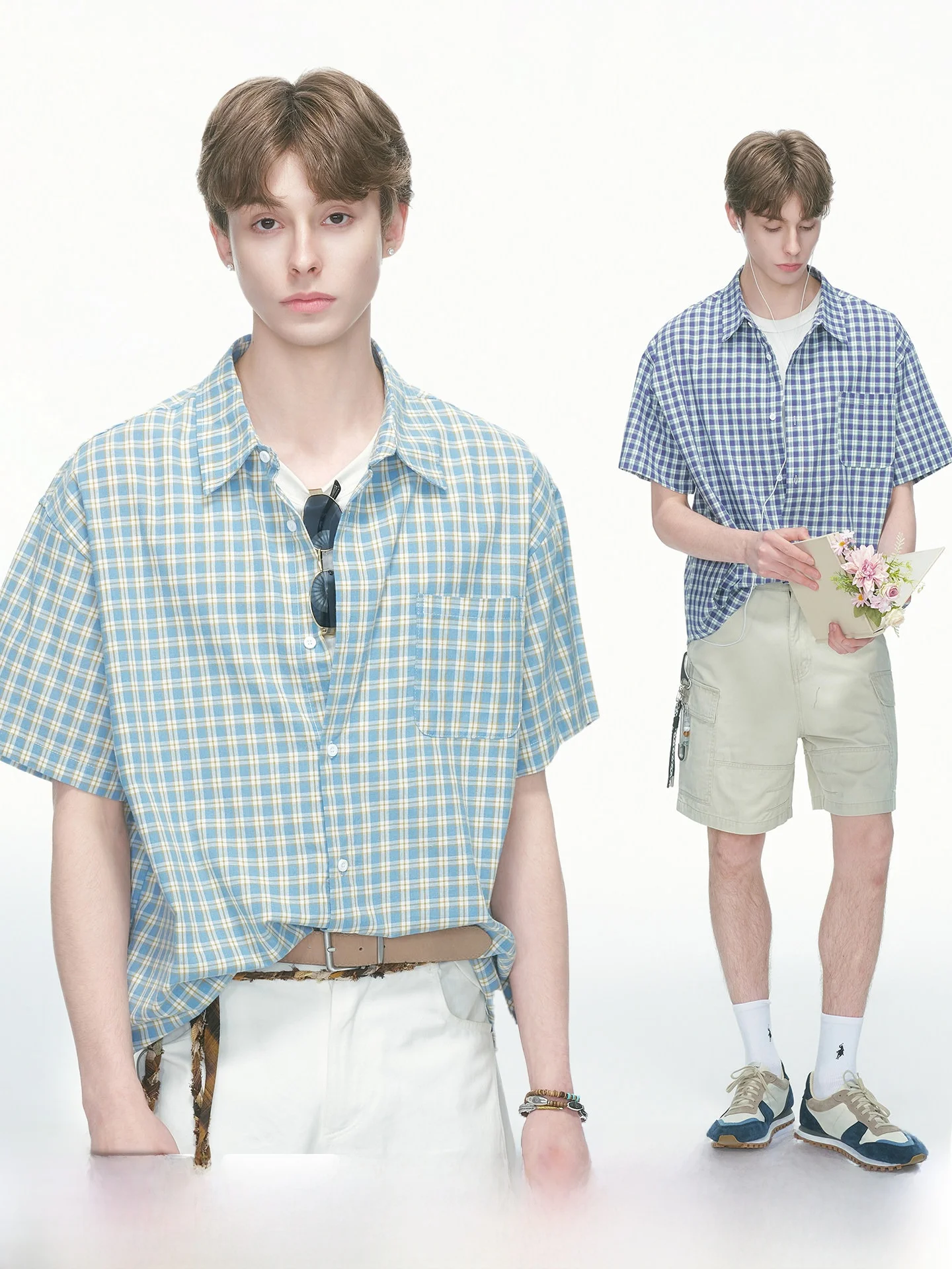 

Blue Plaid Short Sleeve Shirt Thin Summer Vacation Men's Style Breathable Cotton Blend Youth Fashion Commute Friendly