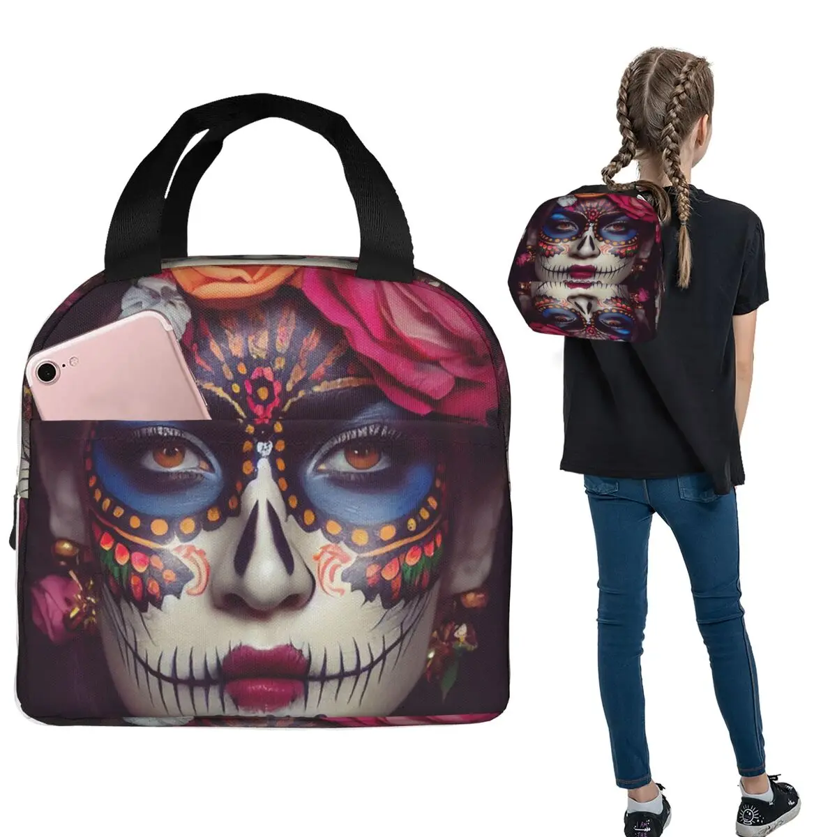 

Mexican Catrina Girl Day Of The Dead Sugar Skull Insulated Lunch Bag for Women Children Food Boxes Thermal Lunch Box Tote