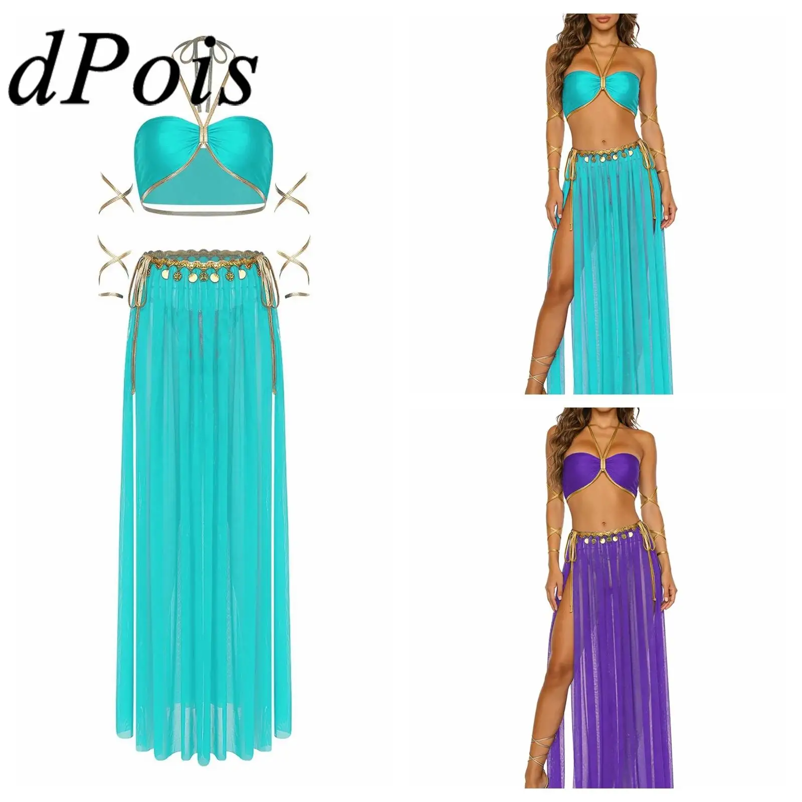 

Womens Belly Dance Costume Halter Crop Top Sequin Tassel Slit Mesh Skirt with Shiny Briefs Ethnic Dance Performance Outfits