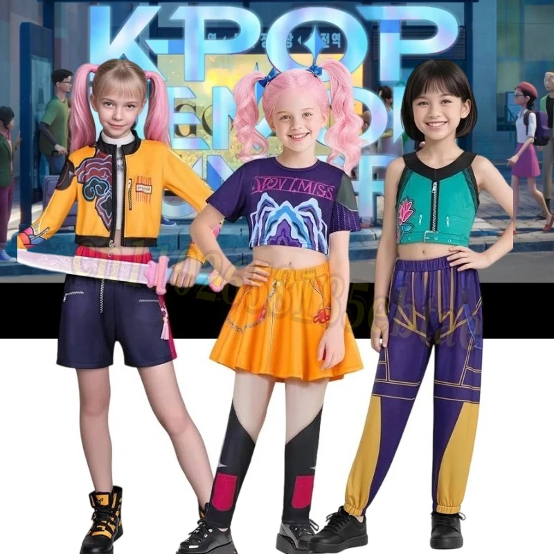 

Anime Kpop Demon Hunter Cosplay Rumi Zoey Mira Cosplay Full Suit Kids Girls Style Kids Stage Performance Clothes Halloween