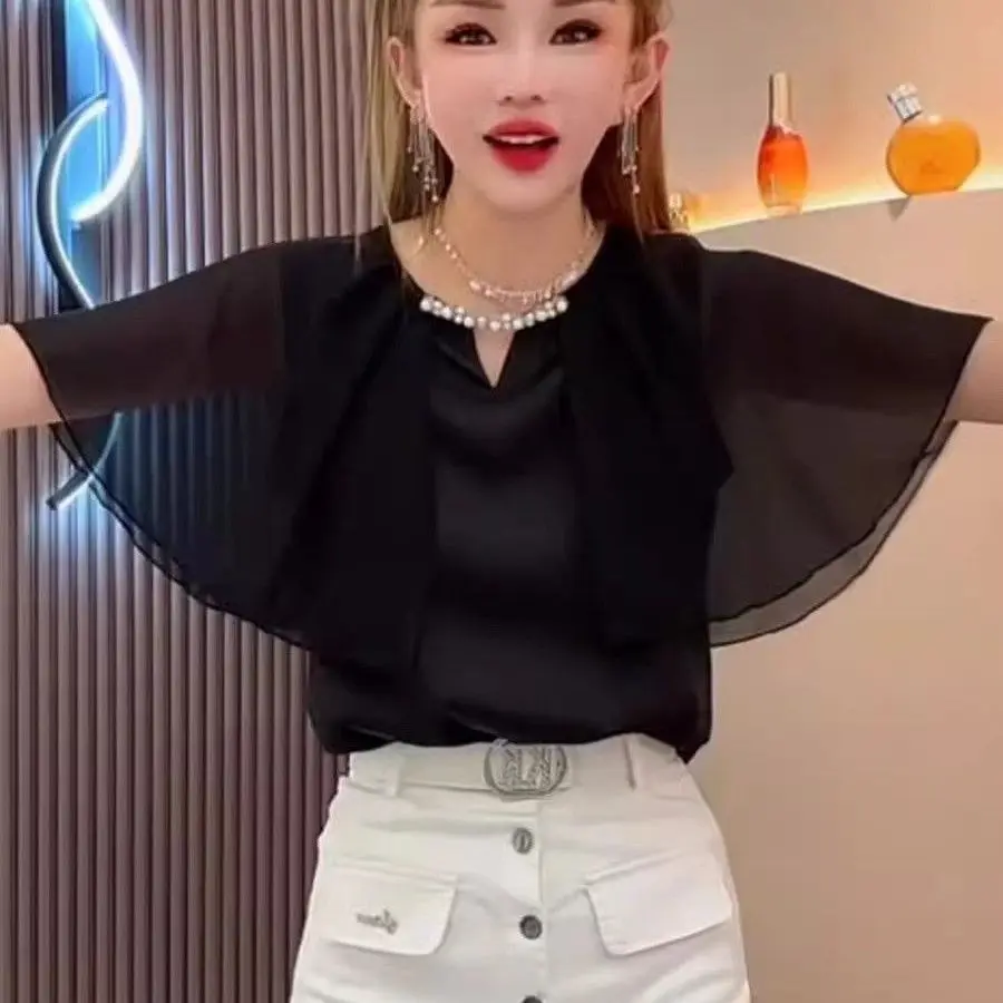 Faionable con cuentas redondas Ne Batwing Sve irt mujer novedad de verano Sle transpirable fino Faionable ort Sve Top