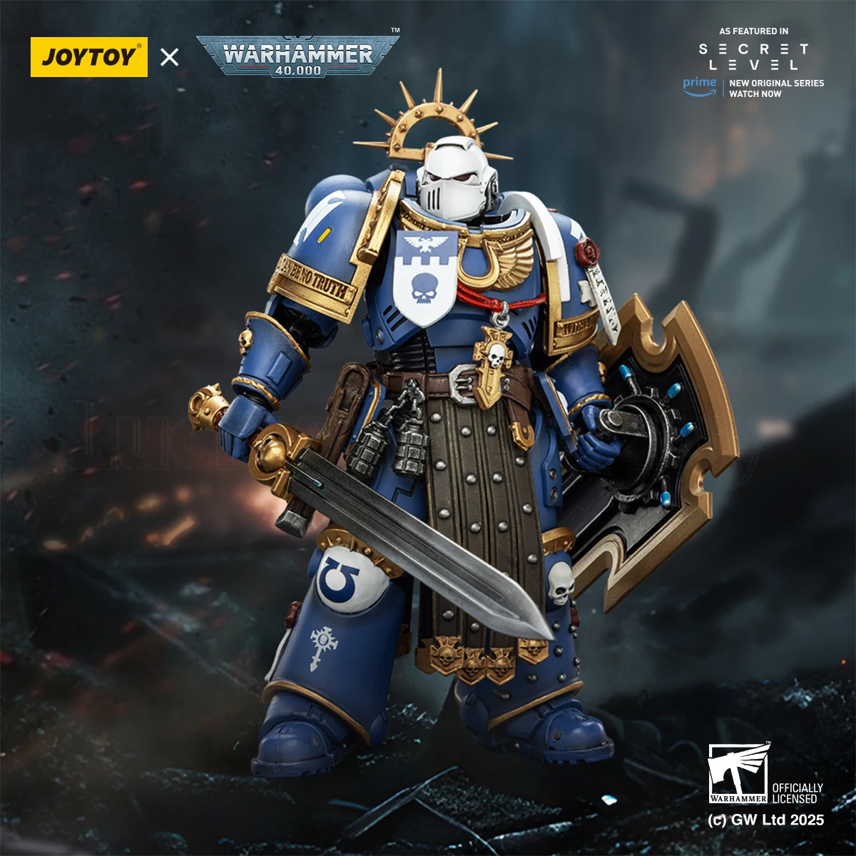 

【В наличии】JOYTOY 1/18 Фигурка Warhammer 40K Ultramarines Torvald с моделью пистолета Power Sword, Stormshield и болтом