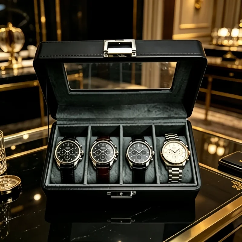 2Pcs Leather Watch Box Set, 4 Slot Lockable Watch Display + Spring Self-Closing Pouch for Men
