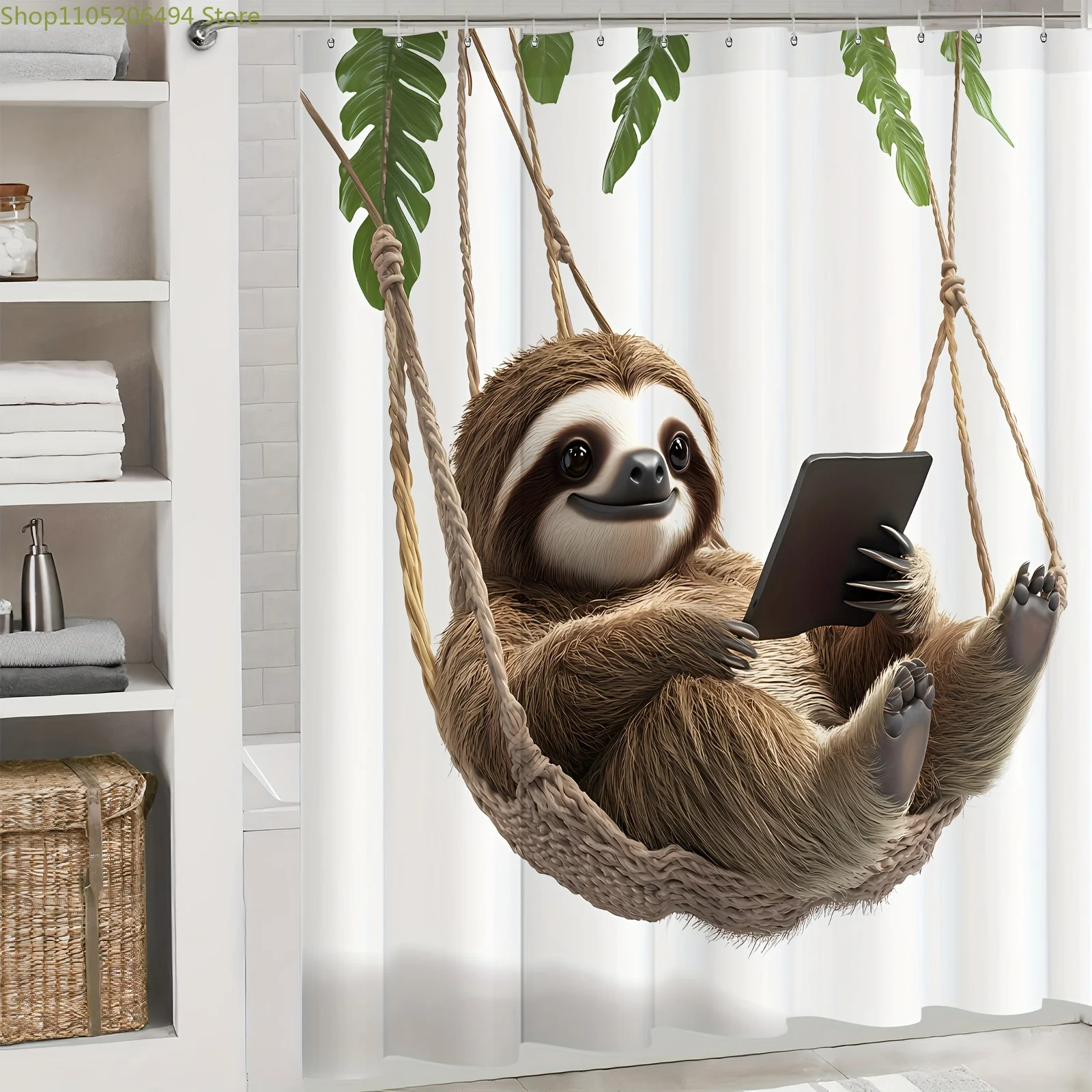 

1/3/4pcs Leisurely Sloth Print Shower Curtain and Mats Set, Decorative Bathroom Set Includes Shower Curtain, Non-Slip Floor Ma