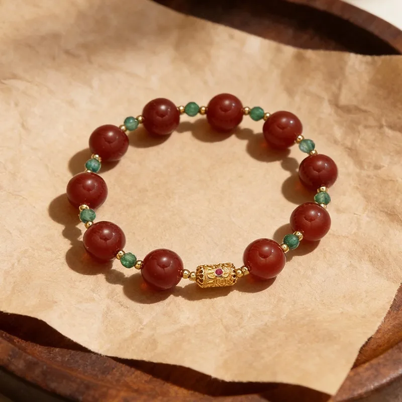 New Chinese Style Nanhong Agate 10mm Beaded Bracelet with Gourd Pendant Lucky Charm Gifts