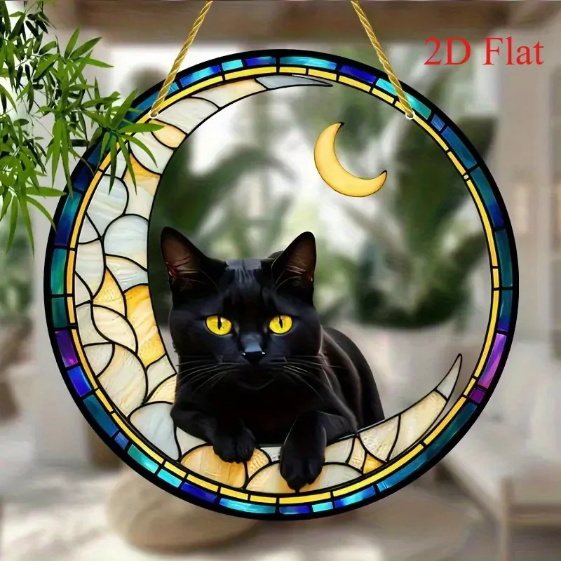 2D Flat, 2D Flat Acrylic Black Cat and Moon Sun Catcher- Round Hanging Ornament, Suitable for Indoor/Outdoor, Perfect Gift for H