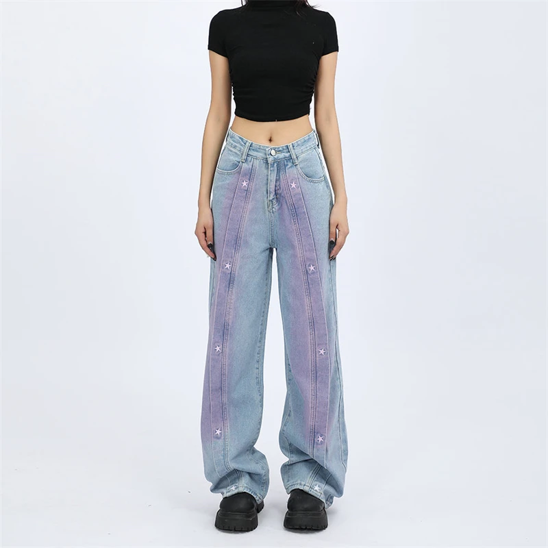 

Women's Contrast Star Narrow Straight Jeans Street Cool Girl High Waist Bottoms Wide Legs Pants Female Baggy Denim Trousers