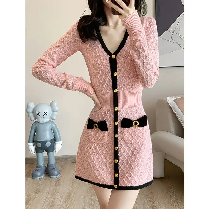 2024 Contrast Waist Women's New Knitted Slim Waist Fashion Small Fragrance Dress Skirt 2024 Autumn Winter Female Clothing