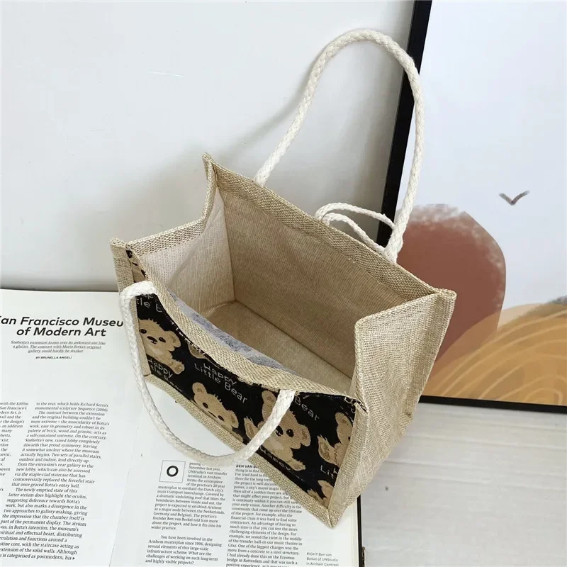 Women Cute Bear Pattern Shoulder Bag Flax Girl Student Handbag Mini Outdoor Handbag Casual Lunch Bag Underarm Bag