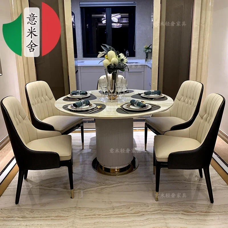 Post-modern light luxury dining table and chair Round marble dining table luxury villa large floor restaurant furniture