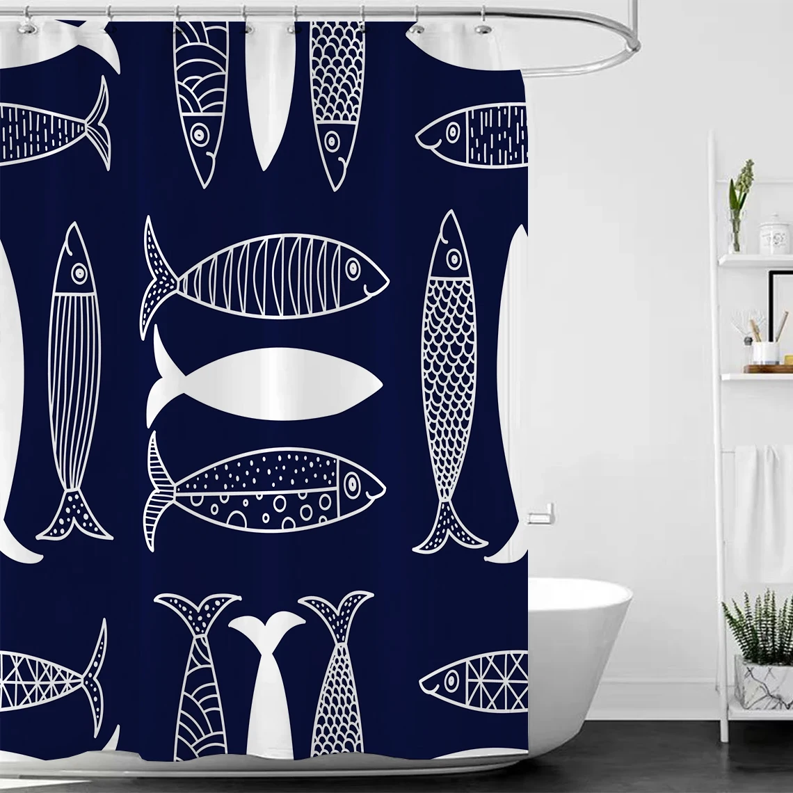 Blue Fish Shower Curtain Simple Abstract Fish Oriental Artistic White Background Waterproof Fabric Bathroom Decor Curtain