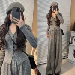 Autumn Vintage Knitted Pant Suits Women Korean Fashion Clothing Outwear Chic Elegant French 2 Piece Sets Even Party Office Lady