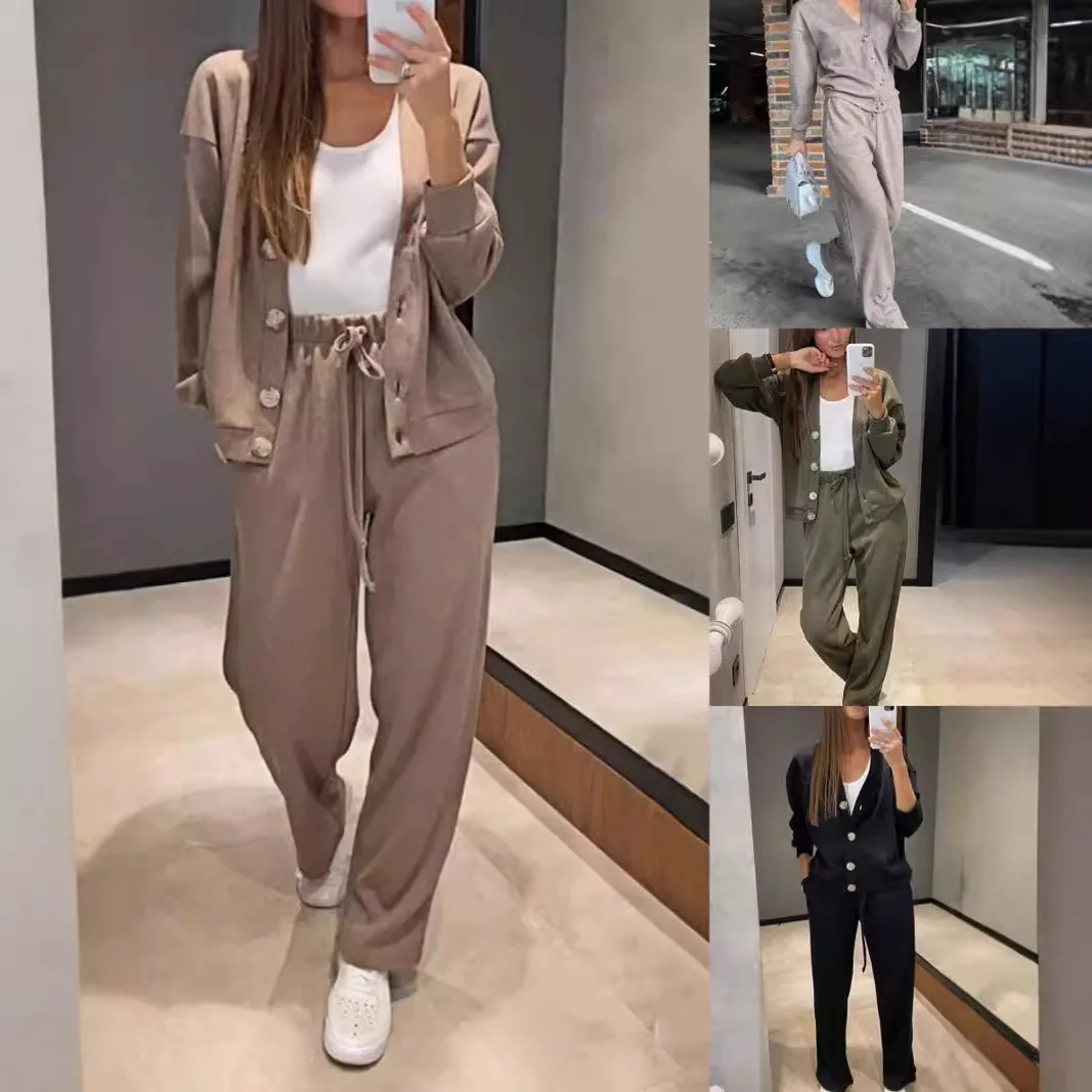 

2025 New European and American Casual Suit Women's Button Cardigan Drawstring Wide-leg Pants Two-piece Set Lazy Stylefit