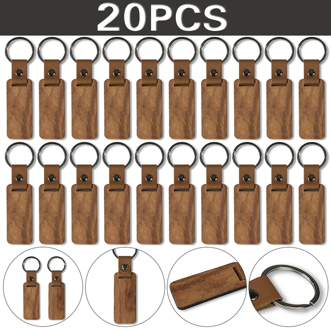 

20Pcs Blank Wood Keychains PU Leather Keychain Rectangular Wood Key Chain