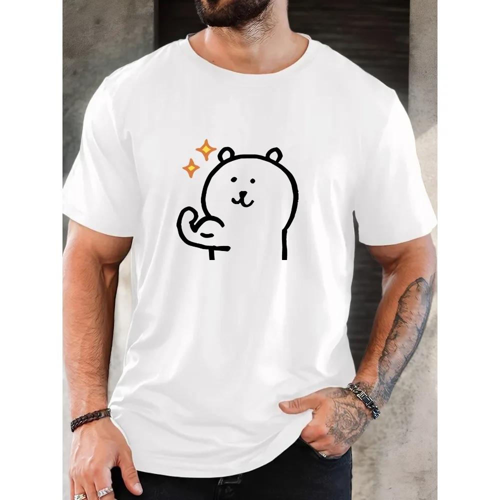 Male Round Neck T Shirt Simple Line Art Smiling Bear Thumbs Up Small Sparkle Print Lovely Daily Wear Cotton Tee