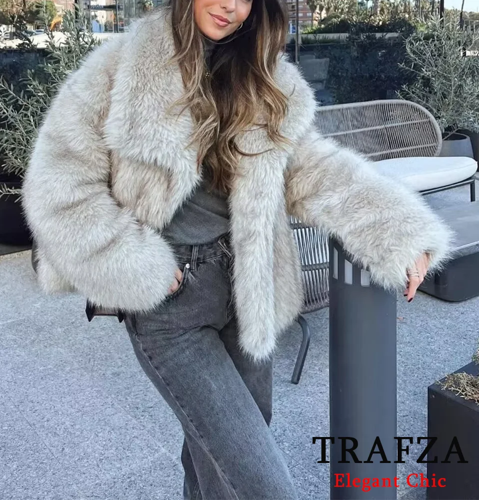 TRAFZA-Manteau en Fausse Fourrure pour Femme, Veste Élégante à Grand Revers, à la Mode, Nouvelle Collection Automne Hiver 2024