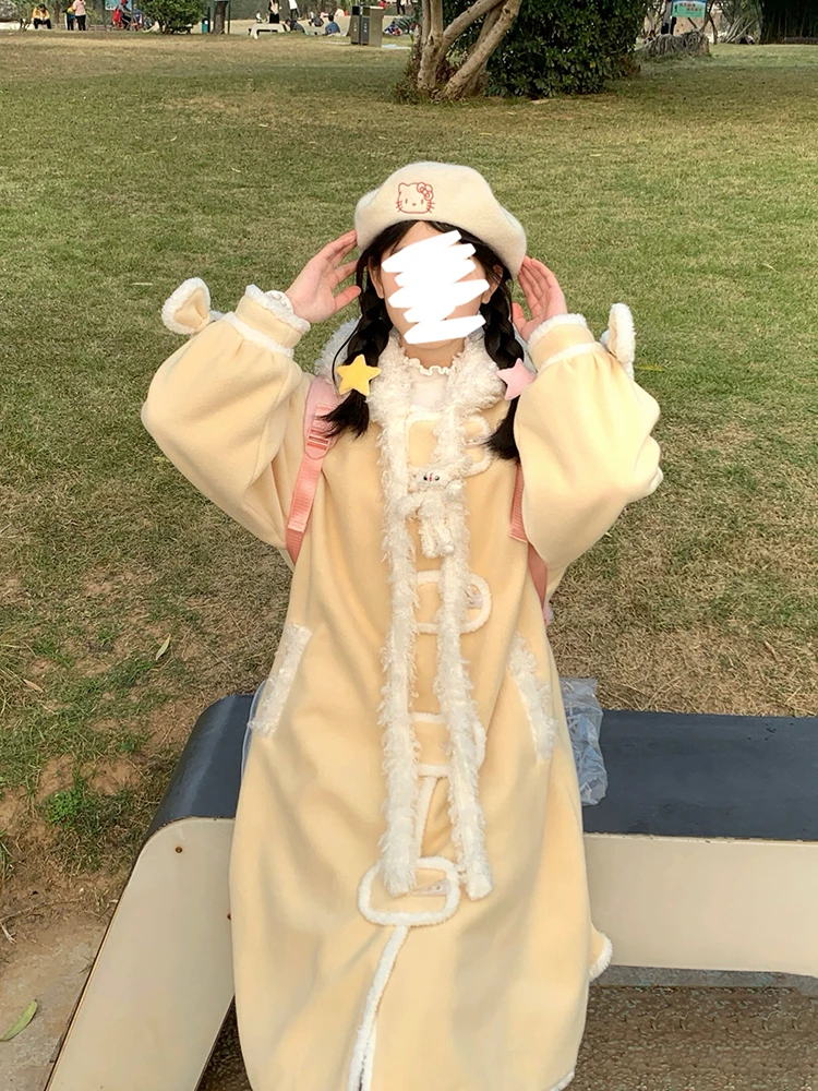 Women's Woolen Coat Lamb Fur Lined Mid-Length Thiened Winter New Sle Commuter Korean Version Straight Cut Button Design