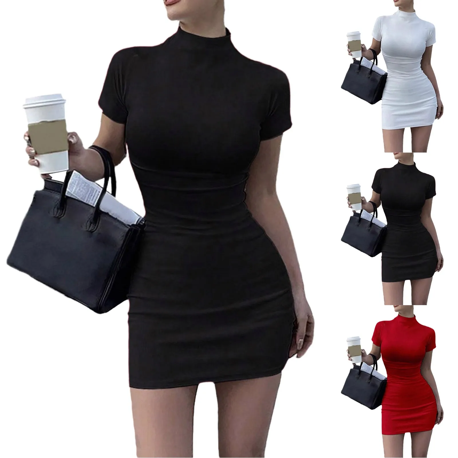 فساتين Bodycon للنساء 2024 رقبة عالية طول الفخذ وأكمام قصيرة مناسبة لعيد الحب للخروج في النادي والتاريخ الليلي