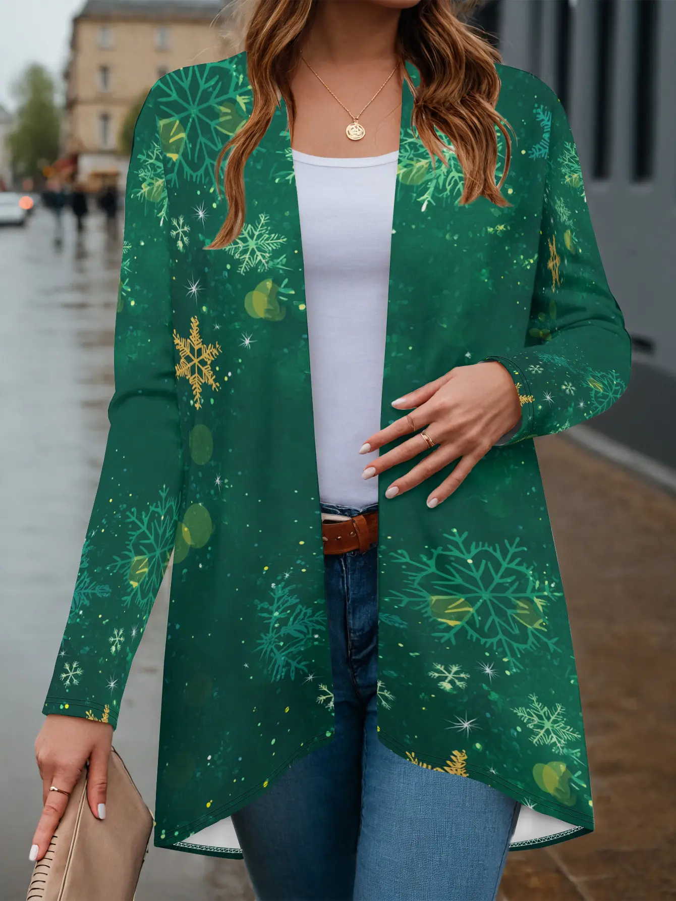 Damski kardigan świąteczny 3D, nadruk płatków śniegu i lizaków cukrowych, długi rękaw, otwarty przód, świąteczny strój na okres świąteczny