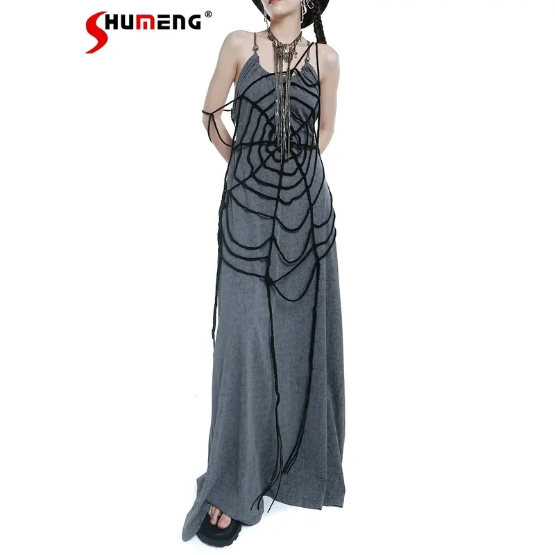 고딕 손으로 짠 거미줄 탑 여성 술 긴 겹치는 캐미솔 레드 블랙 펑크 고스 홀 니트 풀오버 조끼 Femme