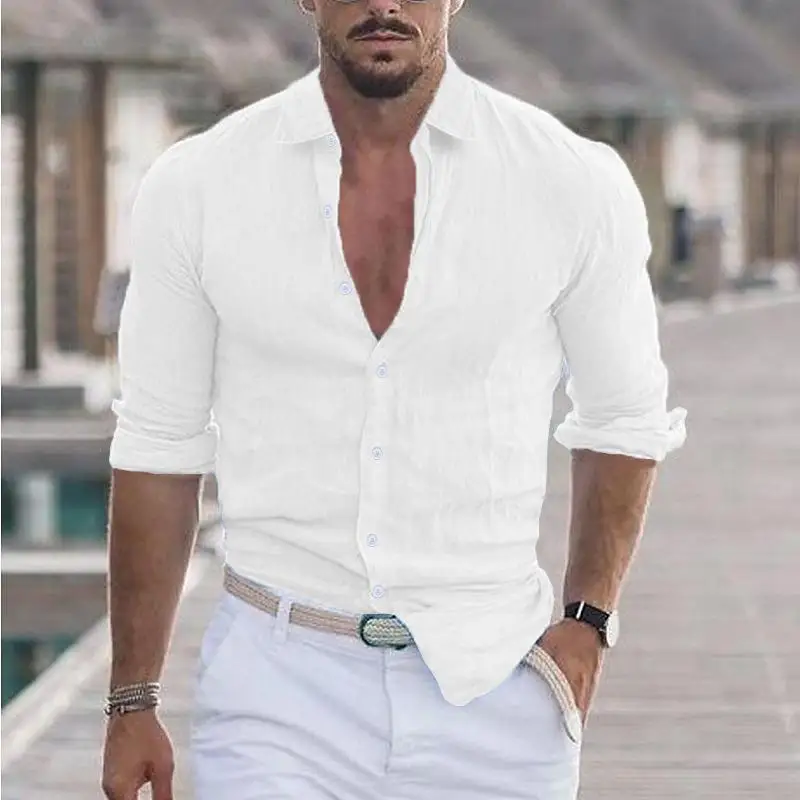 

2025 New Men's Summer Cotton and Linen Lapel Beach Shirt Long Sleeve Solid Color Clothing